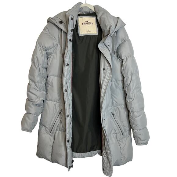 Hollister Puffer Coat Gray Hooded Down Jacket L (Juniors) Lightweight Warm - Picture 4 of 7